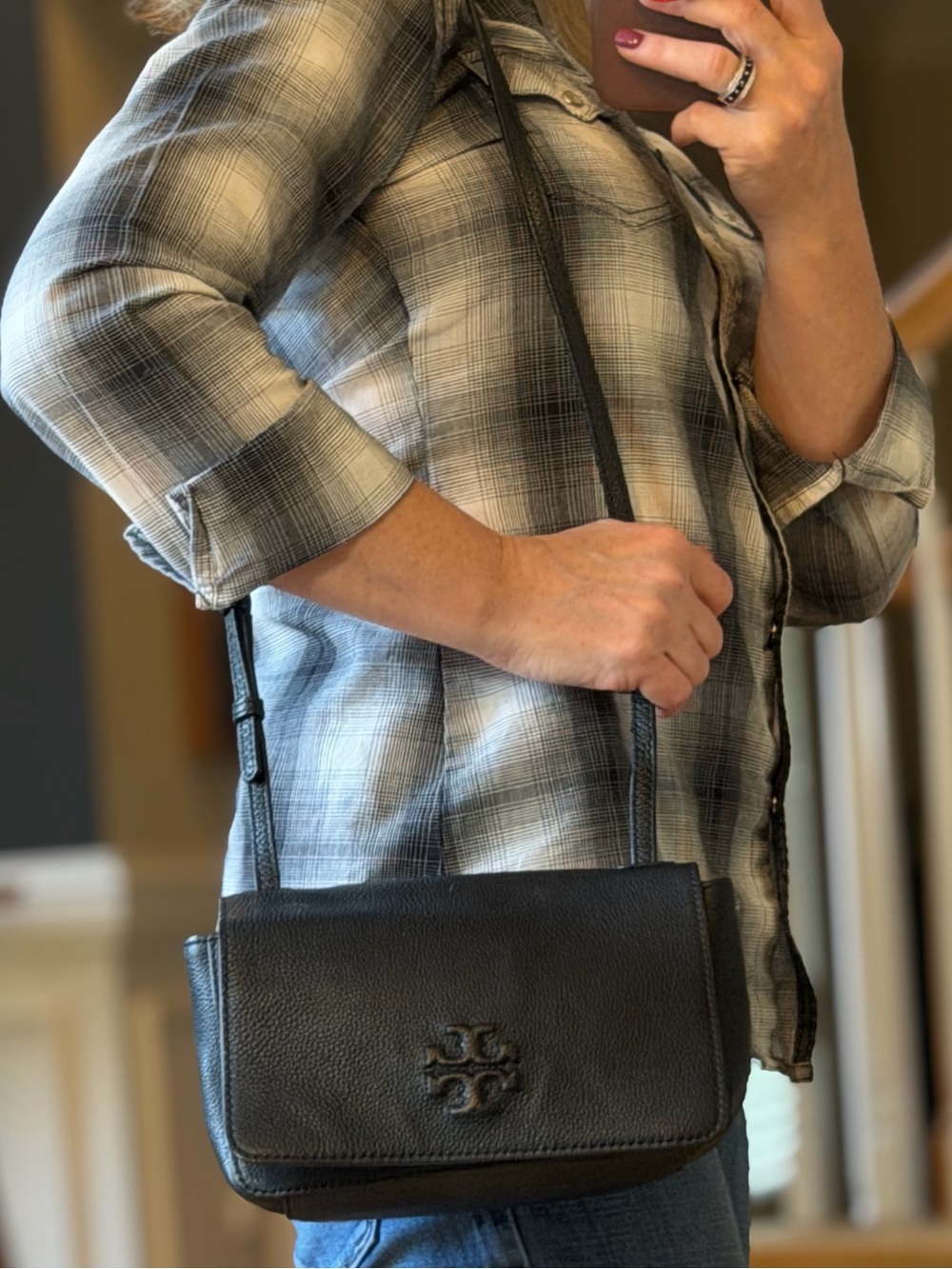 Tory Burch Classic Thea Flat Crossbody Bag Black Pebbled Leather
